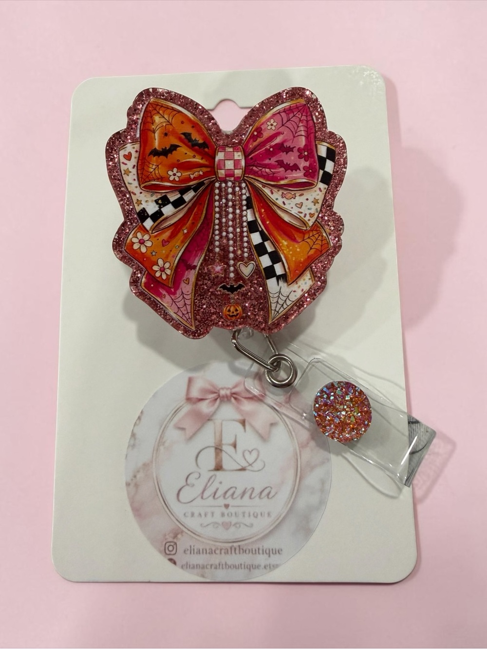 Halloween Pink & Orange Glitter Bow Badge Reel